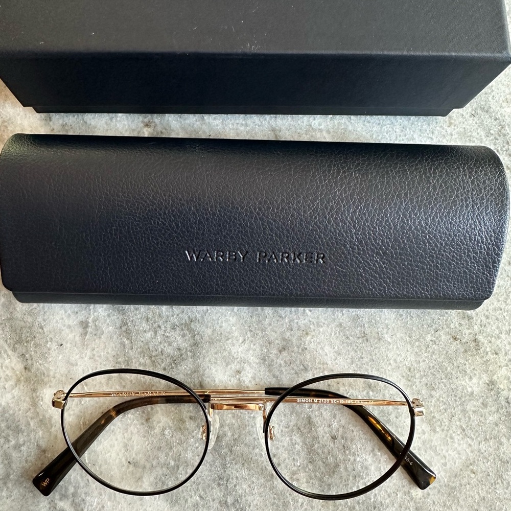 Warby Parker Simon Black and Gold Round Glasses eyeglasses brand new w case